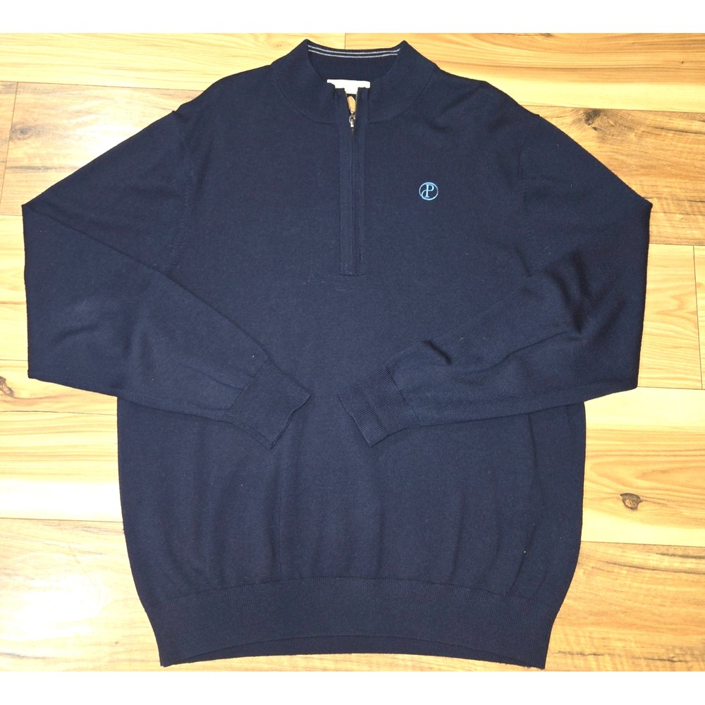Donald Ross Merino Wool Quarter Zip‎ Sweater Mens Navy Blue Sz L Logo on Front